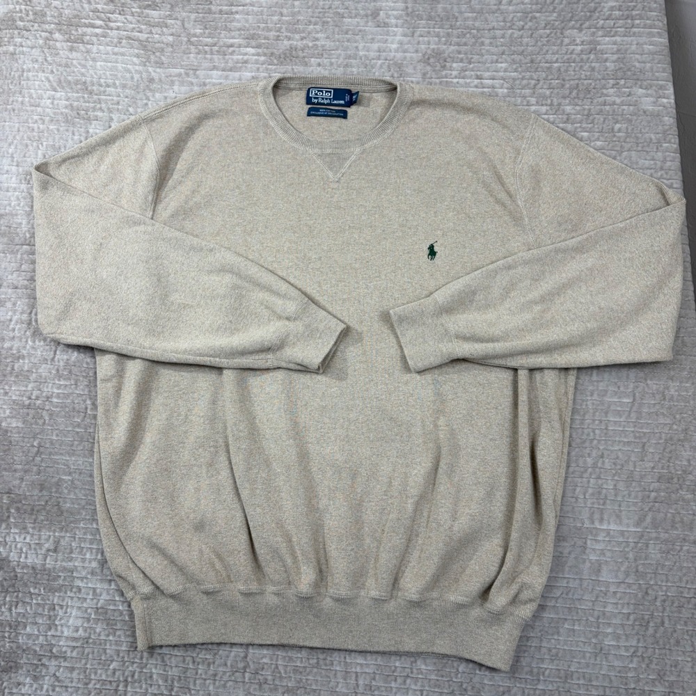 Polo Ralph Lauren Mens 3XLT Tall Tan Cotton Crewneck Sweater Green Pony Logo